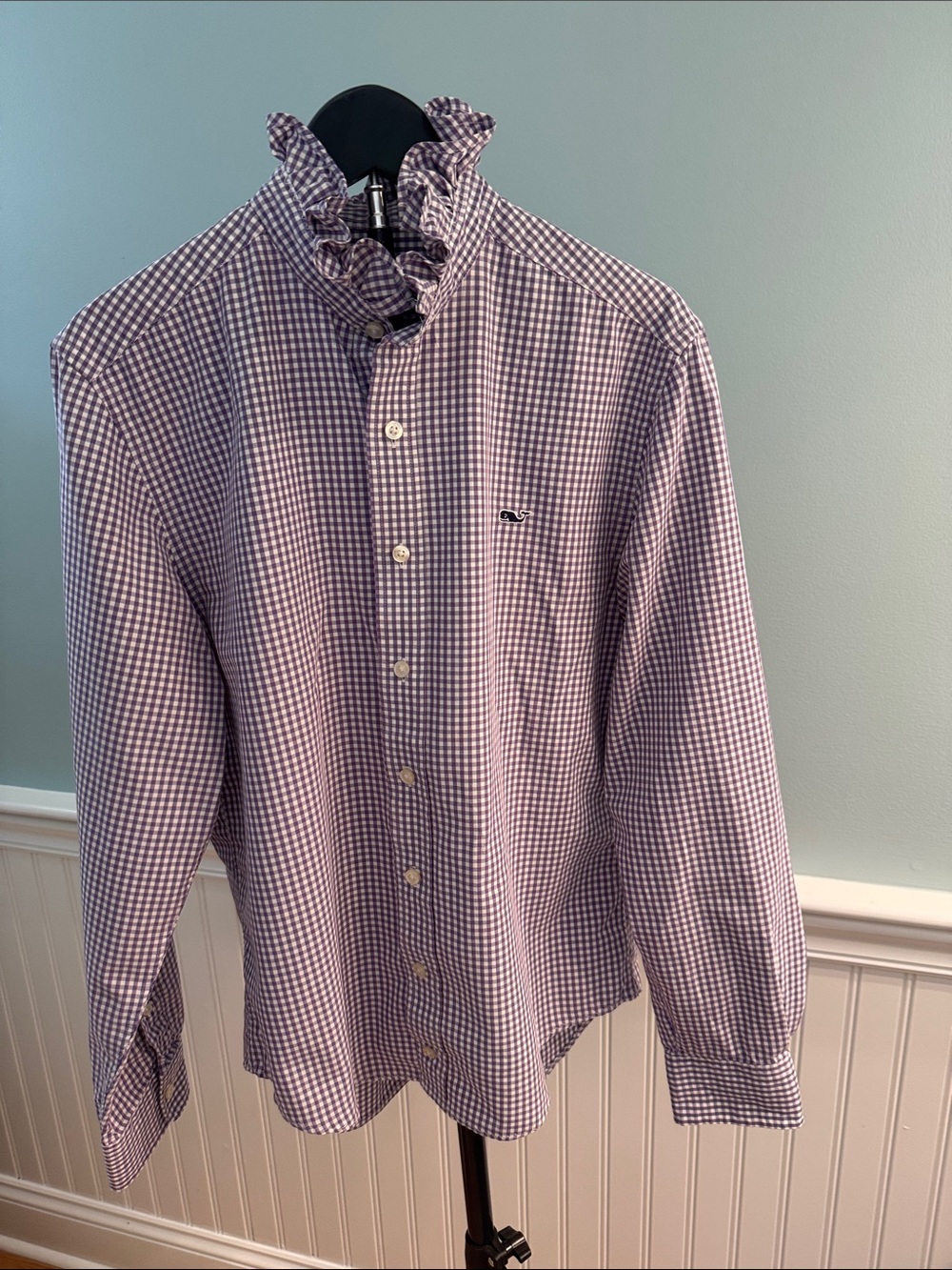 Repurposed Vineyard Vines Purple Gingham Ruffle-Trim Button-Down Blouse